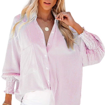 🔥2026 Clearance Item🔥Women's pleated cuffs striped shirt with pockets and casual collar
