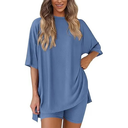 🔥Women's Two Piece Lounge Set 2026 Summer Casual Oversized Shirts Biker Shorts Matching Airport Travel Outfit