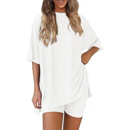 🔥Women's Two Piece Lounge Set 2026 Summer Casual Oversized Shirts Biker Shorts Matching Airport Travel Outfit