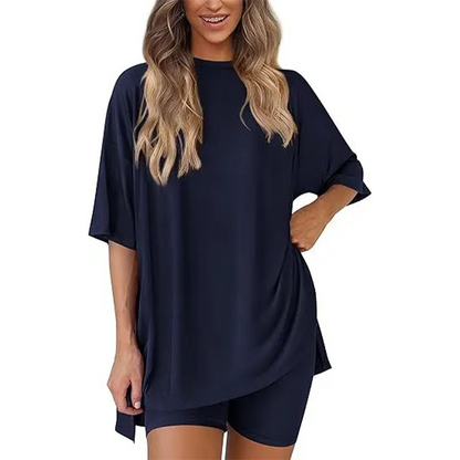 🔥Women's Two Piece Lounge Set 2026 Summer Casual Oversized Shirts Biker Shorts Matching Airport Travel Outfit