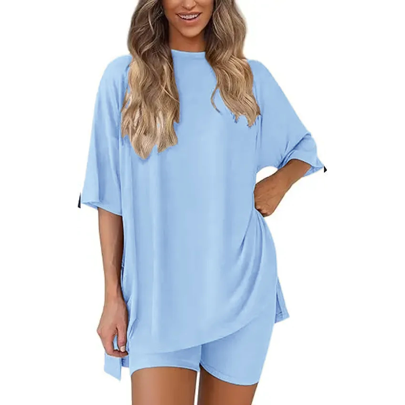 🔥Women's Two Piece Lounge Set 2026 Summer Casual Oversized Shirts Biker Shorts Matching Airport Travel Outfit