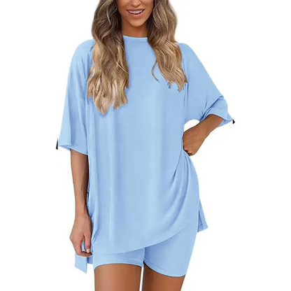 🔥Women's Two Piece Lounge Set 2026 Summer Casual Oversized Shirts Biker Shorts Matching Airport Travel Outfit