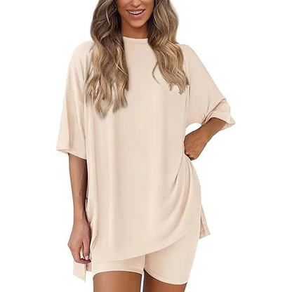 🔥Women's Two Piece Lounge Set 2026 Summer Casual Oversized Shirts Biker Shorts Matching Airport Travel Outfit