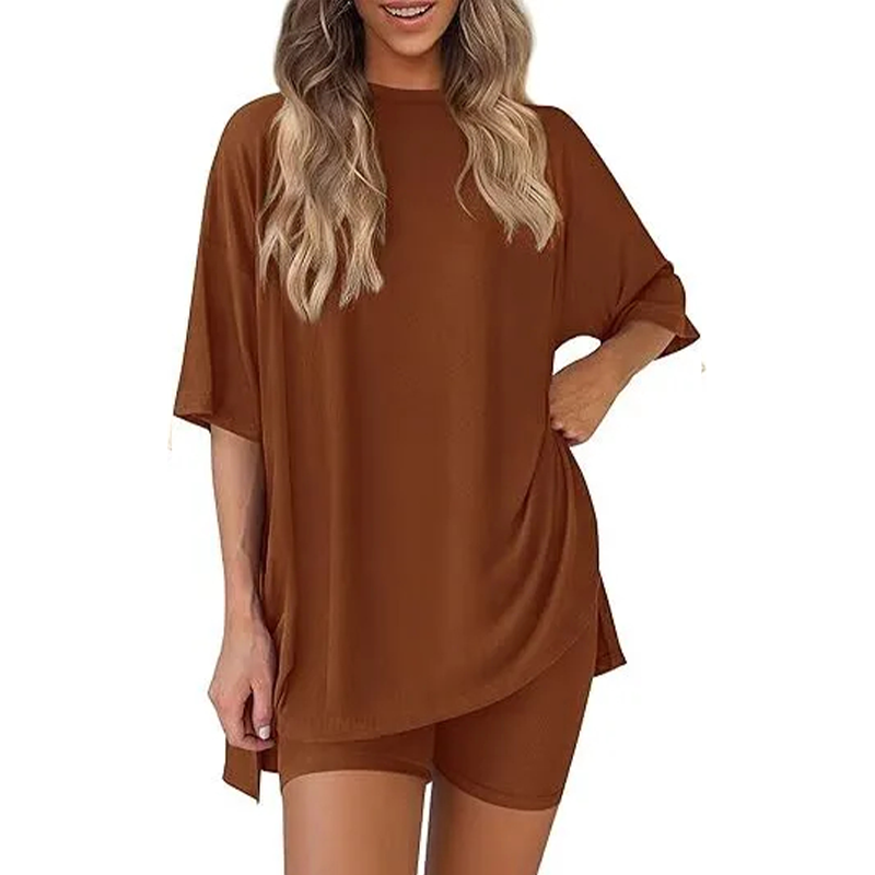 🔥Women's Two Piece Lounge Set 2026 Summer Casual Oversized Shirts Biker Shorts Matching Airport Travel Outfit
