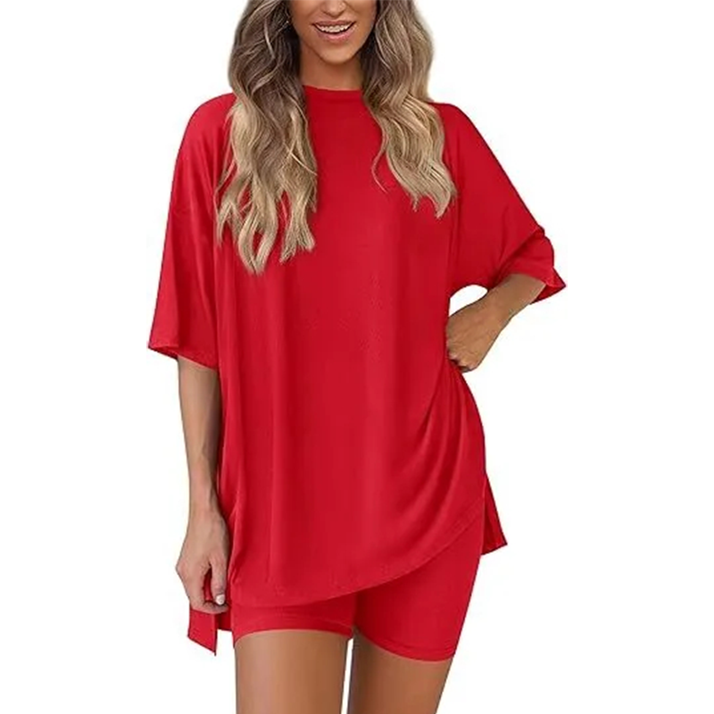 🔥Women's Two Piece Lounge Set 2026 Summer Casual Oversized Shirts Biker Shorts Matching Airport Travel Outfit