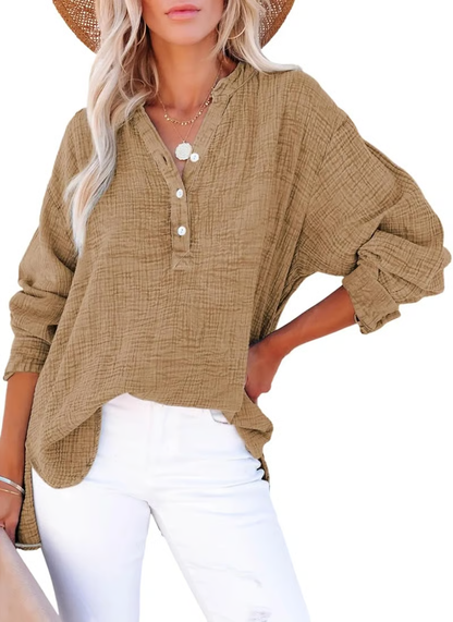 Limited time sale🔥Womens Casual Gauze Button Neck Long Sleeve Oversized BlousesTops