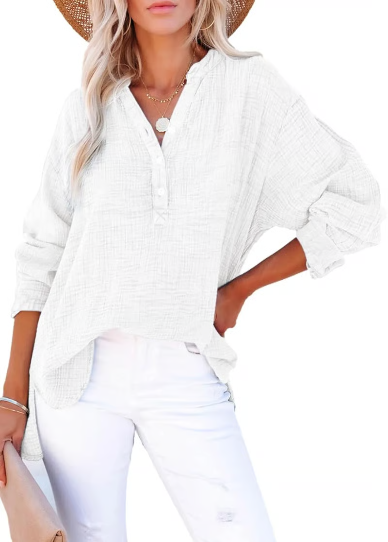 Limited time sale🔥Womens Casual Gauze Button Neck Long Sleeve Oversized BlousesTops