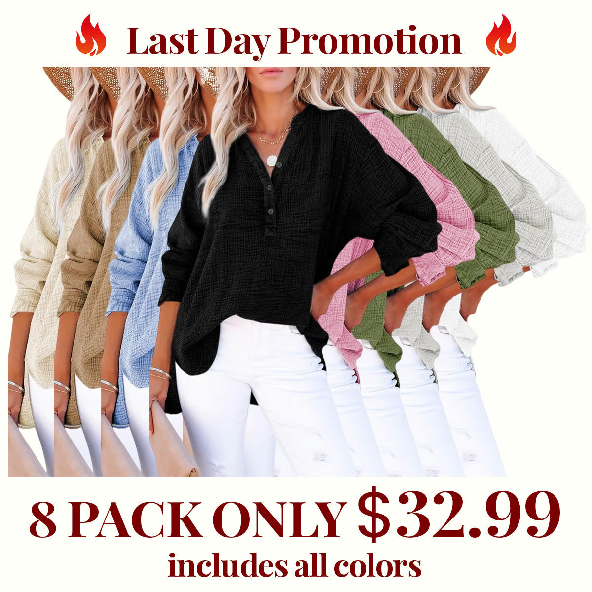 Limited time sale🔥Womens Casual Gauze Button Neck Long Sleeve Oversized BlousesTops