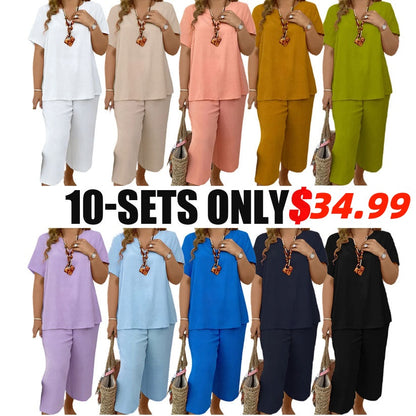 🔥Last day promotion - Elegant Short-Sleeve Top and Wide-Leg Pants Set