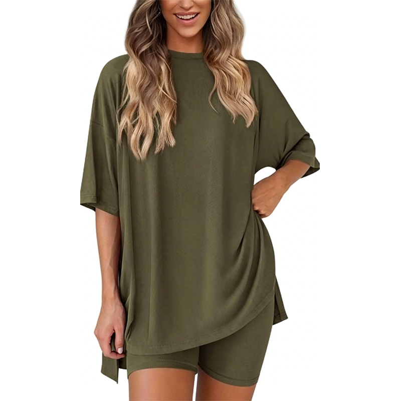 🔥Women's Two Piece Lounge Set 2026 Summer Casual Oversized Shirts Biker Shorts Matching Airport Travel Outfit