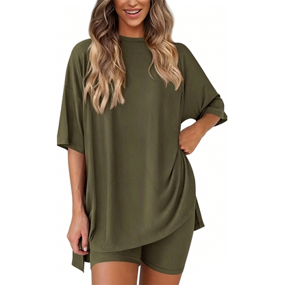 🔥Women's Two Piece Lounge Set 2026 Summer Casual Oversized Shirts Biker Shorts Matching Airport Travel Outfit