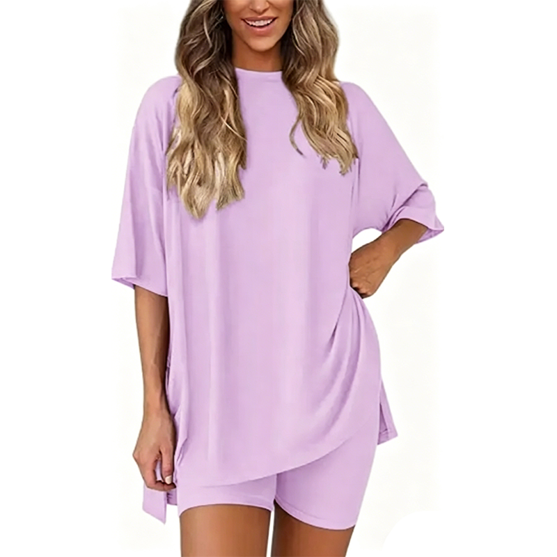 🔥Women's Two Piece Lounge Set 2026 Summer Casual Oversized Shirts Biker Shorts Matching Airport Travel Outfit