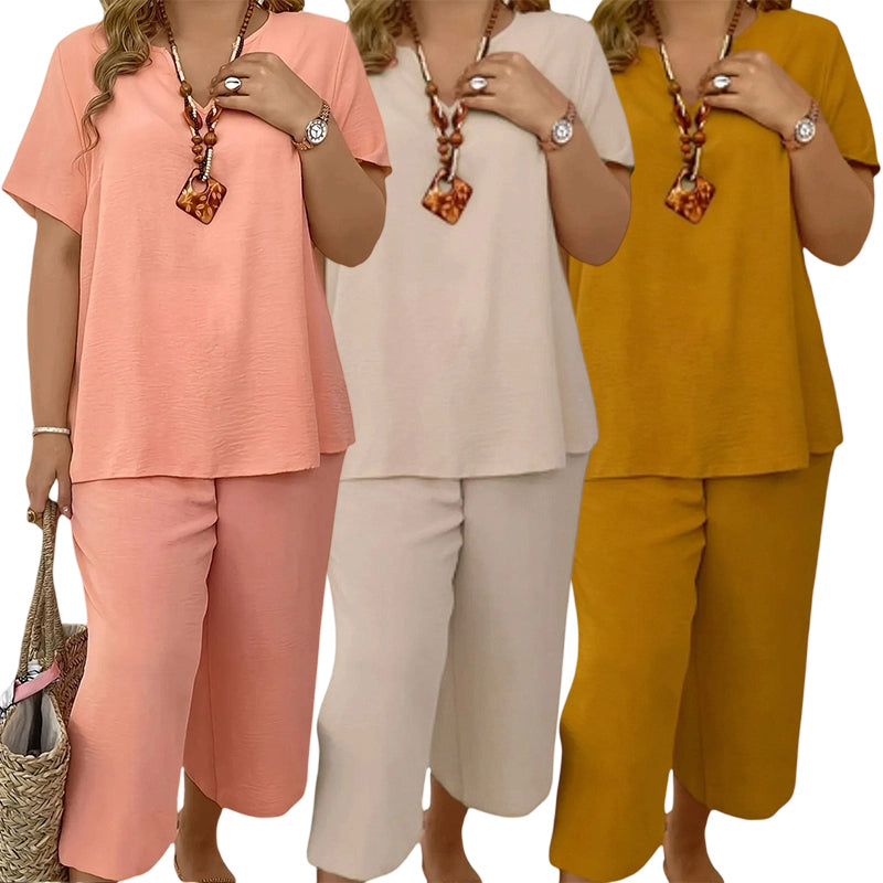 🔥Last day promotion - Elegant Short-Sleeve Top and Wide-Leg Pants Set