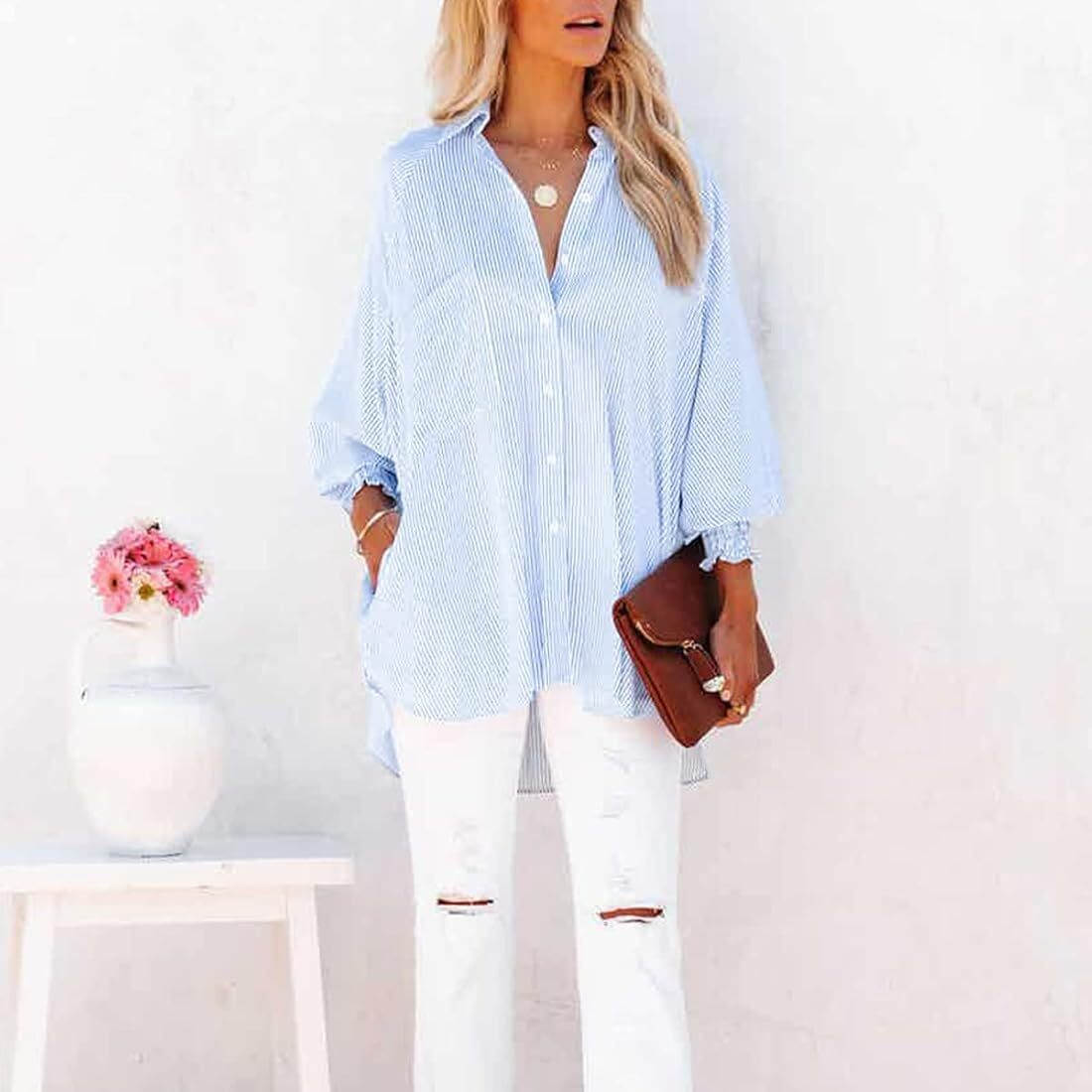 🔥2026 Clearance Item🔥Women's pleated cuffs striped shirt with pockets and casual collar