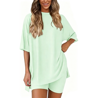 🔥Women's Two Piece Lounge Set 2026 Summer Casual Oversized Shirts Biker Shorts Matching Airport Travel Outfit