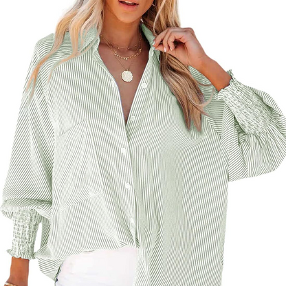 🔥2026 Clearance Item🔥Women's pleated cuffs striped shirt with pockets and casual collar