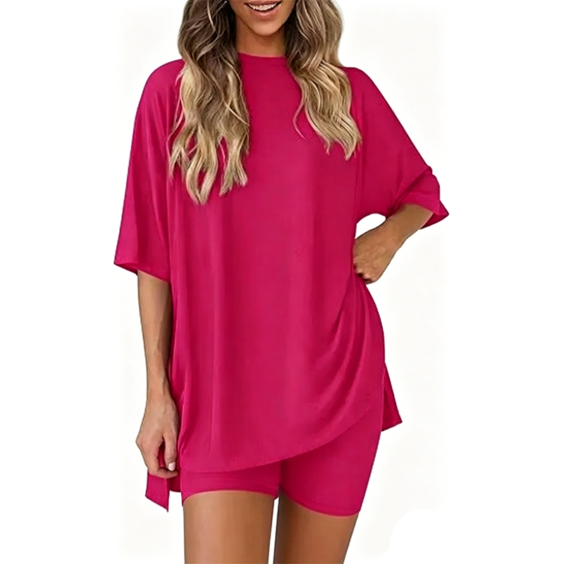 🔥Women's Two Piece Lounge Set 2026 Summer Casual Oversized Shirts Biker Shorts Matching Airport Travel Outfit