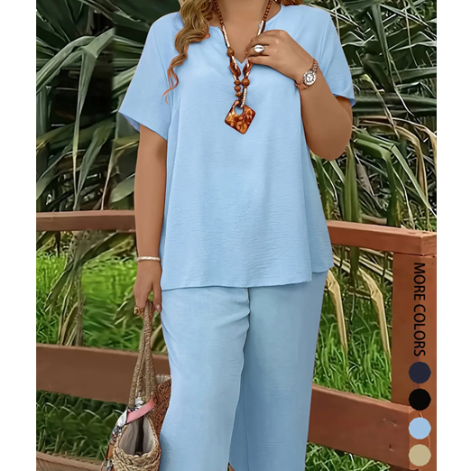 🔥Last day promotion - Elegant Short-Sleeve Top and Wide-Leg Pants Set
