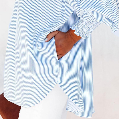 🔥2026 Clearance Item🔥Women's pleated cuffs striped shirt with pockets and casual collar
