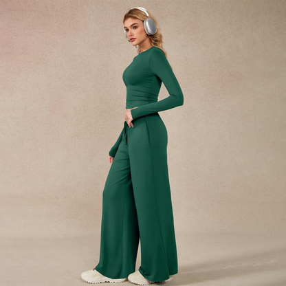 🔥Last day promotion🔥Women's 2-Piece Activewear Set Long-Sleeve Crop Top & Wide-Leg Pants