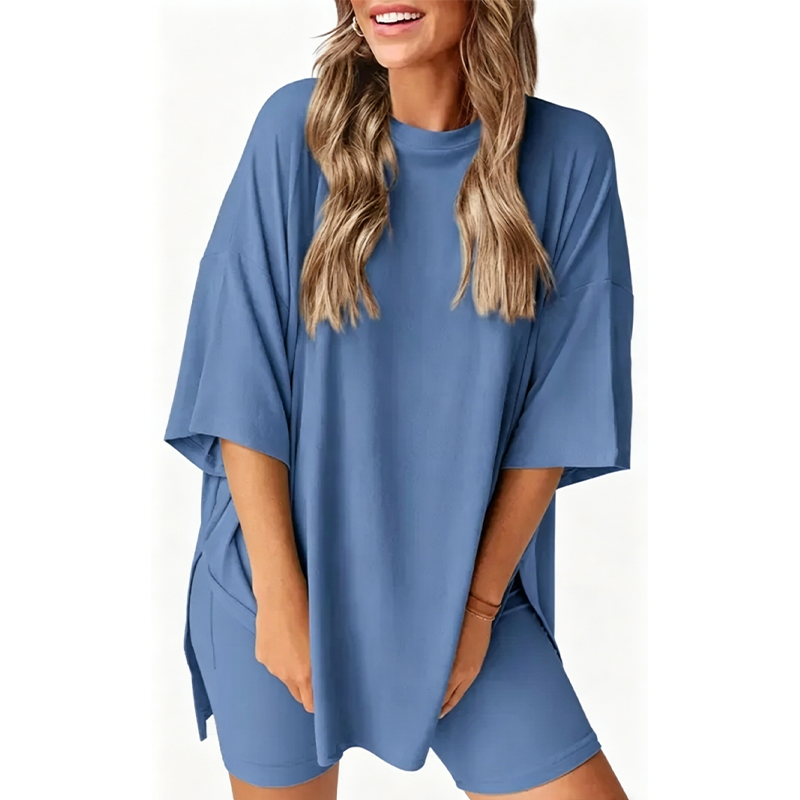 🔥Women's Two Piece Lounge Set 2026 Summer Casual Oversized Shirts Biker Shorts Matching Airport Travel Outfit