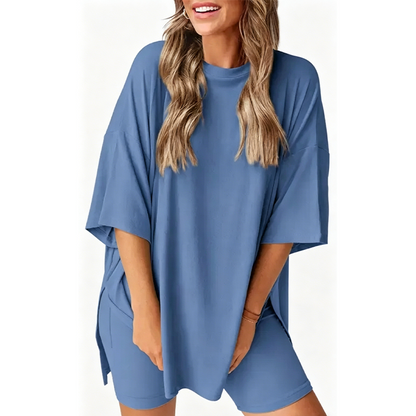 🔥Women's Two Piece Lounge Set 2026 Summer Casual Oversized Shirts Biker Shorts Matching Airport Travel Outfit
