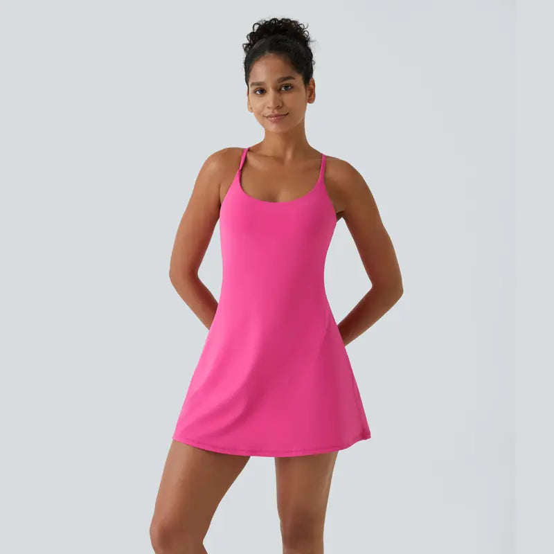 Summer Specials - Backless 2-in-1 Flare Workout Dress With Shorts Underneath