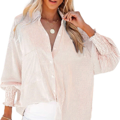 🔥2026 Clearance Item🔥Women's pleated cuffs striped shirt with pockets and casual collar