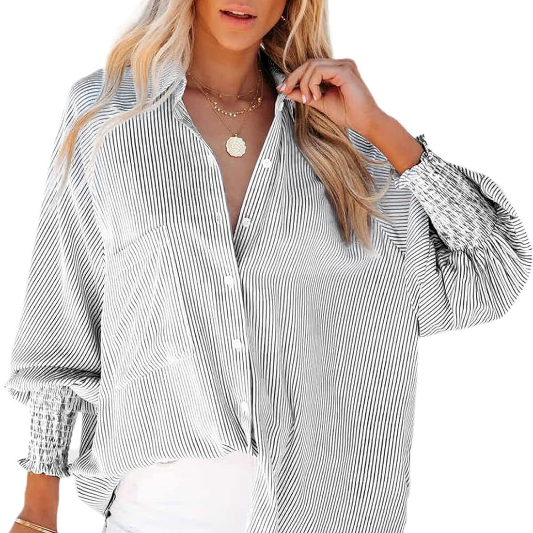 🔥2026 Clearance Item🔥Women's pleated cuffs striped shirt with pockets and casual collar