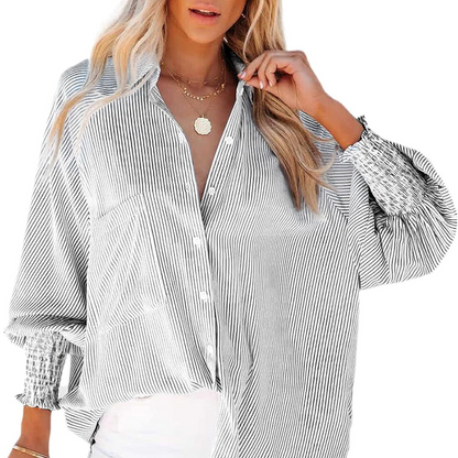 🔥2026 Clearance Item🔥Women's pleated cuffs striped shirt with pockets and casual collar