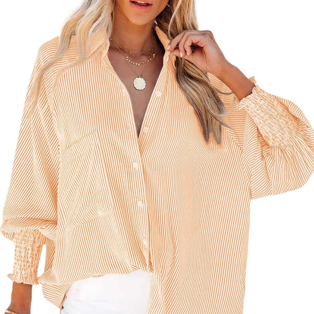 🔥2026 Clearance Item🔥Women's pleated cuffs striped shirt with pockets and casual collar