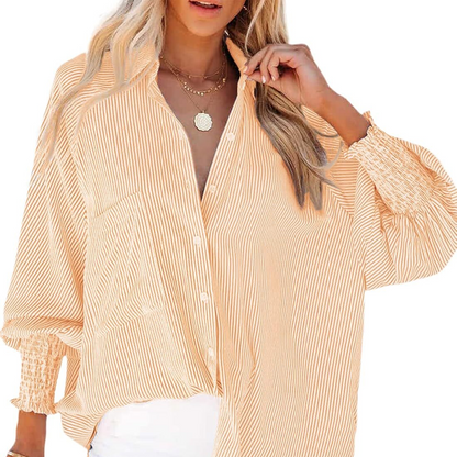🔥2026 Clearance Item🔥Women's pleated cuffs striped shirt with pockets and casual collar