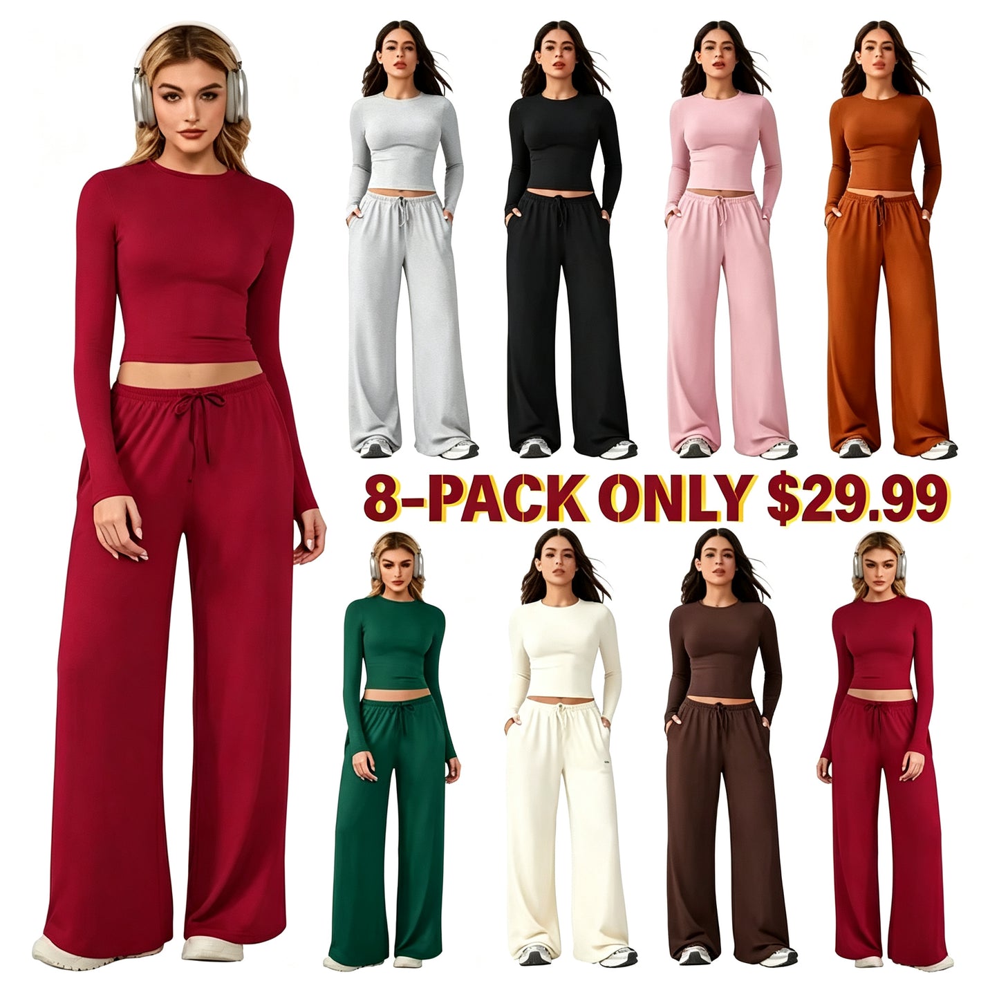 🔥Last day promotion🔥Women's 2-Piece Activewear Set Long-Sleeve Crop Top & Wide-Leg Pants