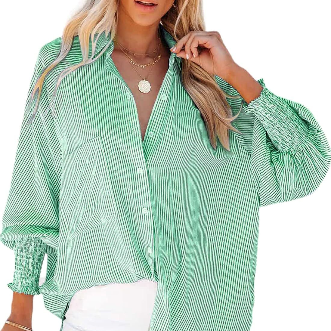 🔥2026 Clearance Item🔥Women's pleated cuffs striped shirt with pockets and casual collar