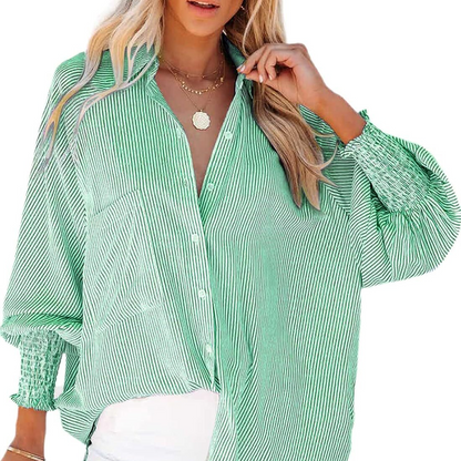 🔥2026 Clearance Item🔥Women's pleated cuffs striped shirt with pockets and casual collar