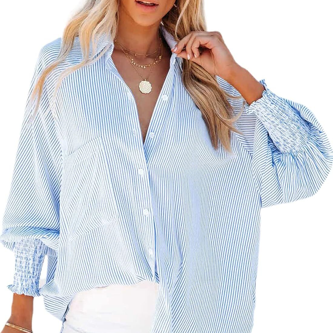 🔥2026 Clearance Item🔥Women's pleated cuffs striped shirt with pockets and casual collar
