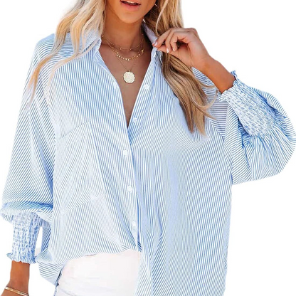 🔥2026 Clearance Item🔥Women's pleated cuffs striped shirt with pockets and casual collar