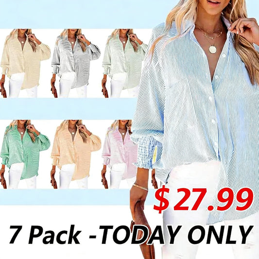 🔥2026 Clearance Item🔥Women's pleated cuffs striped shirt with pockets and casual collar