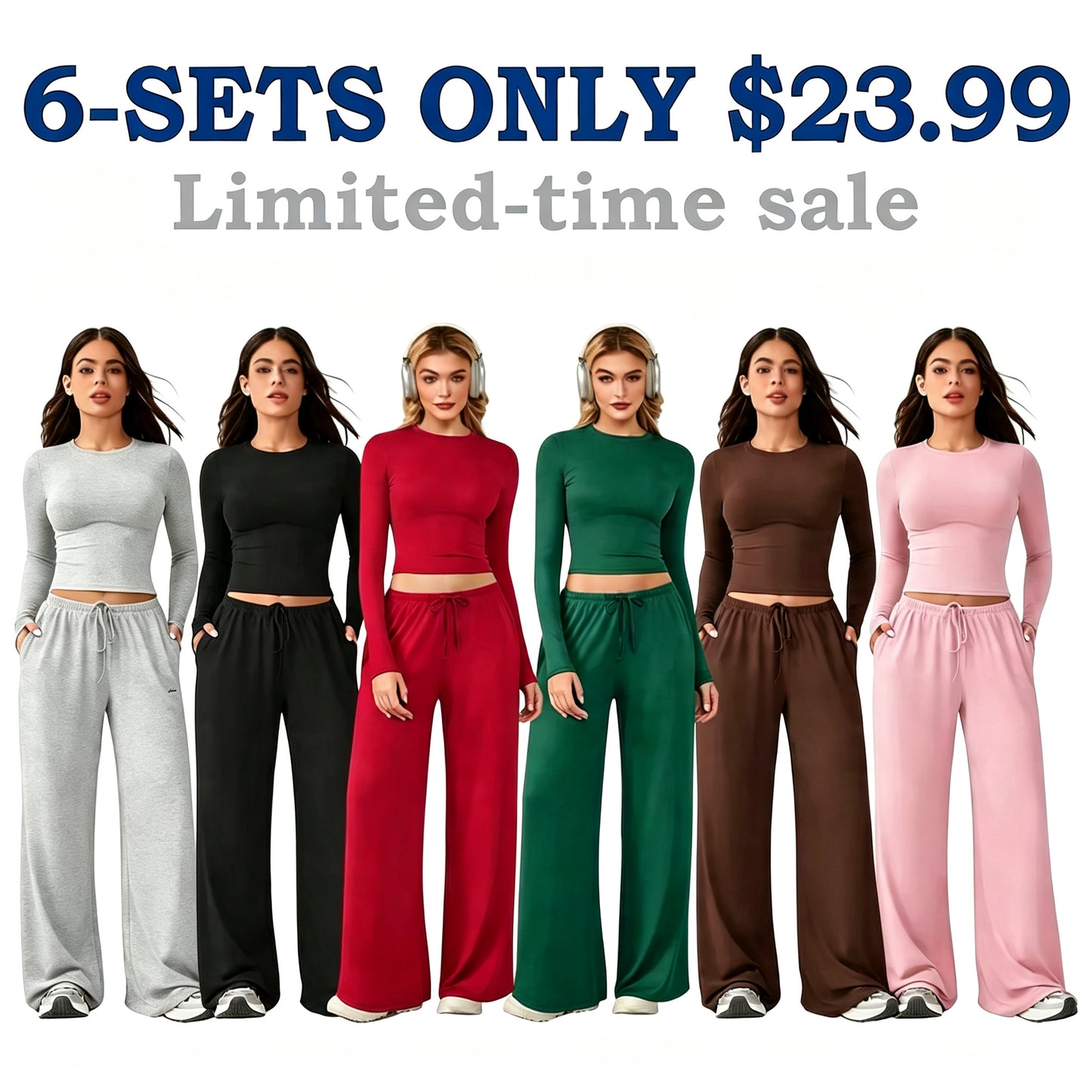 🔥Last day promotion🔥Women's 2-Piece Activewear Set Long-Sleeve Crop Top & Wide-Leg Pants